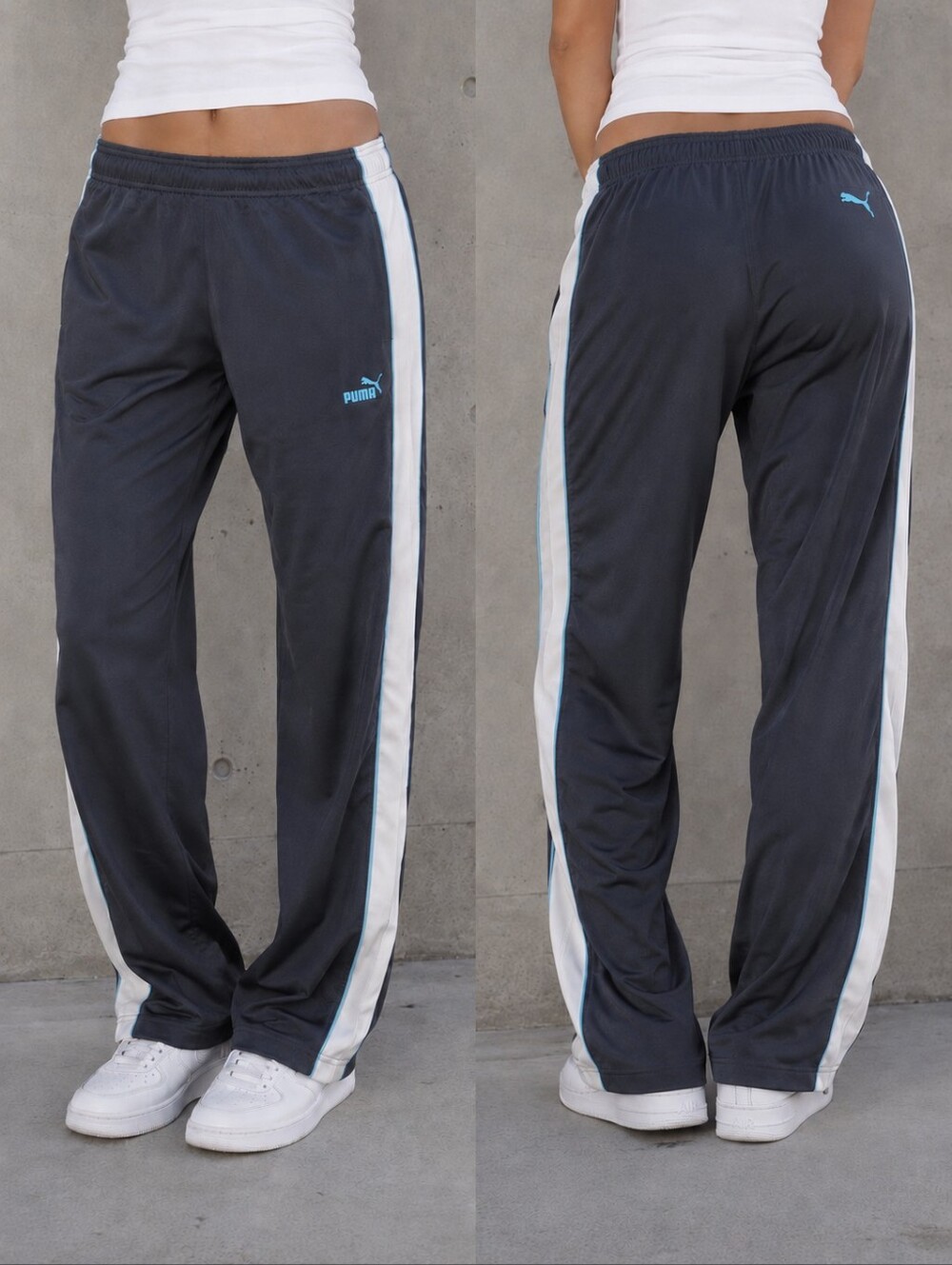 🩶🤍💙 Puma Y2K Track Pants NWOT Gray White Baby Blue Side Stripe Wide Leg MED